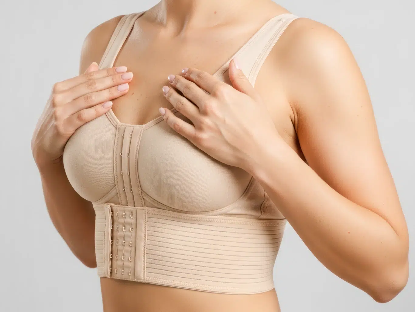 woman wearing a bra showcasing support garment for breast surgery recovery